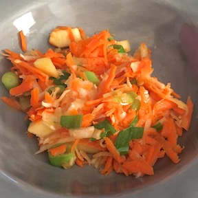 Simple salad with turnip, carrot, apple and a fresh honey-lemon dressing