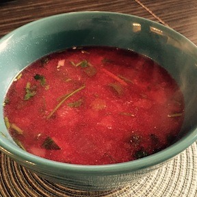 Borscht, made with beets, cabbage, fresh herbs